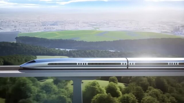 Train high-speed maglev on elevated tracks with blue and white cars... featuring transportation, futuristic, technology with landscape and mountain