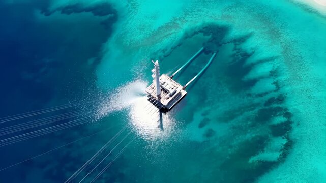 Ship oceanic thermal energy conversion with white structure and wake trails in blue sea featuring OTEC, ocean, sustainability with marine and aerial