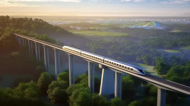Train high speed maglev on elevated track with green landscape and city view featuring transportation, travel, infrastructure with future and