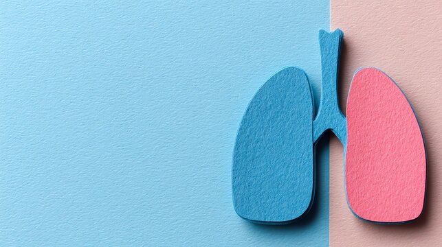 Blue and pink paper lungs on a textured two-tone background
