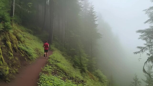 A runner navigates a narrow trail in a foggy forest while trees rise on both sides during the early morning