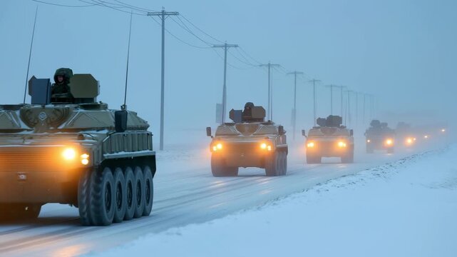 A military convoy travels along a snowy road with armored vehicles while visibility is low and the morning light is dim