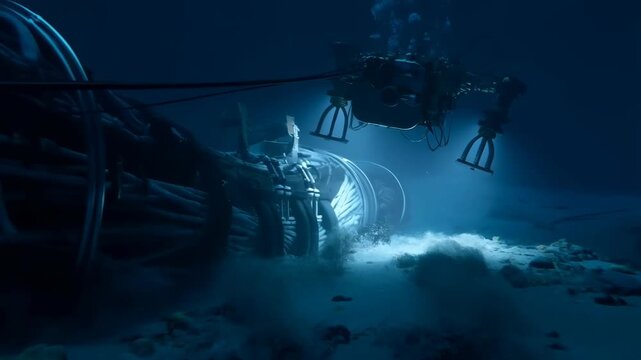 Remotely operated vehicle exploring deep sea with underwater lights on a dark ocean floor with rocks and a large pipe