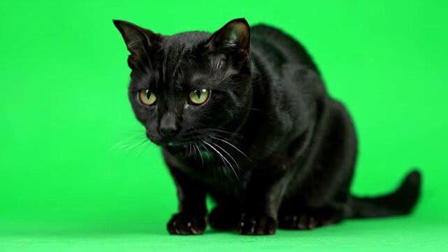 A thirsty black cat lapping up invisible water gracefully on a green screen cat drinking, action, drinking