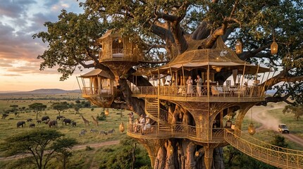 Fototapeta premium Luxury treehouse resort nestled in African savanna with elephants grazing below