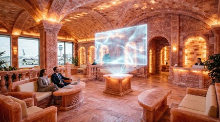 Fototapeta premium Luxurious relaxation room with holographic projection and ambient lighting