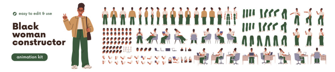 Naklejka na ściany i meble Woman constructor, animation kit, body parts set. Young black girl, dark-skinned female character construction with leg, arm movement, face, poses. Flat vector illustration isolated on white