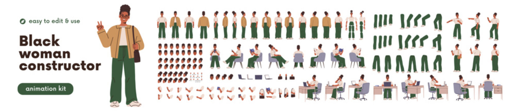 Woman constructor, animation kit, body parts set. Young black girl, dark-skinned female character construction with leg, arm movement, face, poses. Flat vector illustration isolated on white