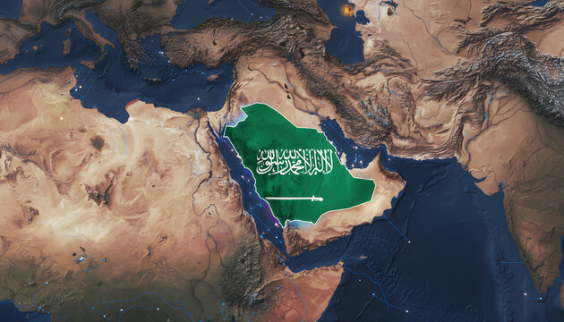 Saudi Arabia map with national borders on middle east map