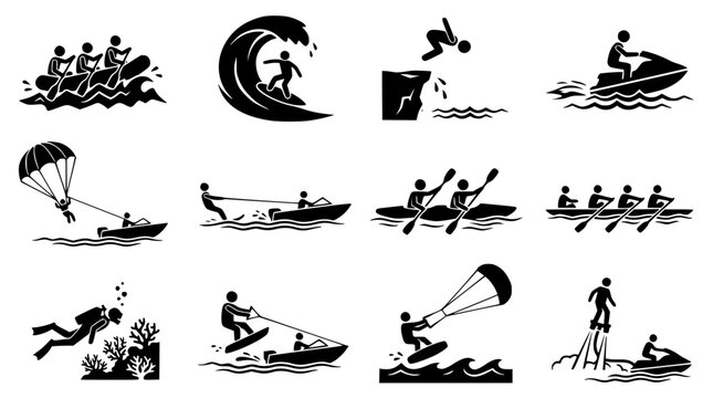 Vector graphic illustration of various water sports activities icons