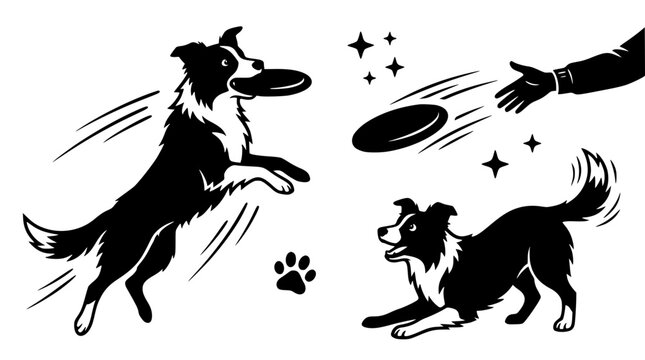 Black and white illustration of dogs playing with frisbee