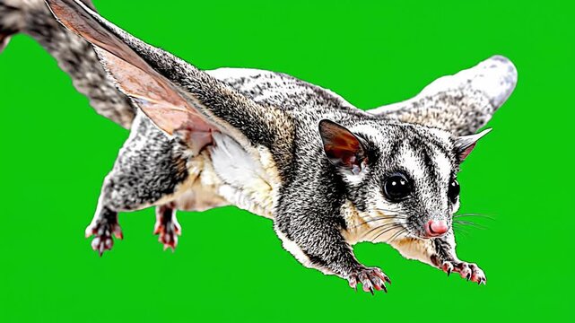 Flying squirrel gliding nocturnal small mammal with fur and large eyes green background, wild animal rodent with extended limbs, agile leap forest nature, energetic outdoors adventure, cute wildlife
