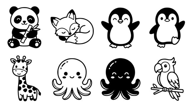 Cute animal vector illustrations of panda, fox, penguins, and more