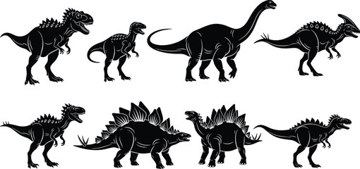 A collection of black dinosaur silhouettes isolated on white background for design and education Vector © Ariful