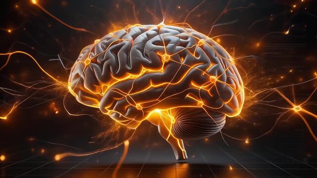 Glowing human brain with neural network connections illustrating brain activity and intelligence