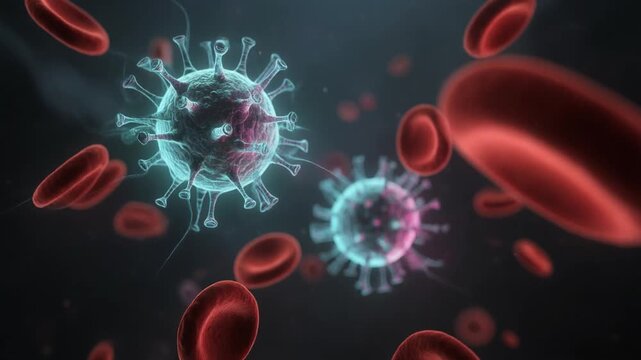 Close up of virus particles among red blood cells in human bloodstream infection medical concept