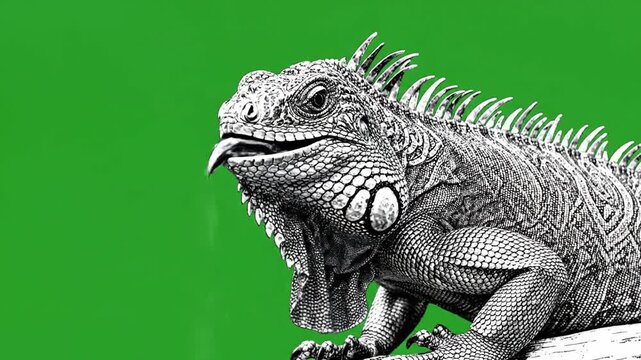 Black and white iguana reptile lizard animal with detailed texture, spiky scales, perched wood and branch, vibrant green background, exotic nature art, calm expression, textured skin, scale