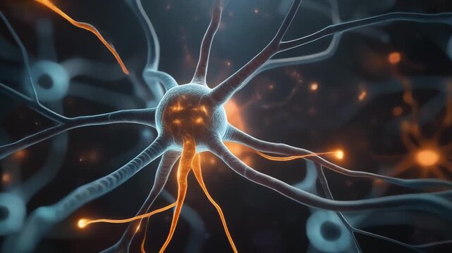 Close up view of glowing neurons transmitting electrical signals in the brain science concept