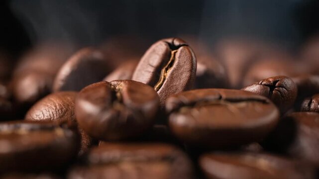 Close up of roasted coffee beans with rich aroma and texture for fresh coffee lovers