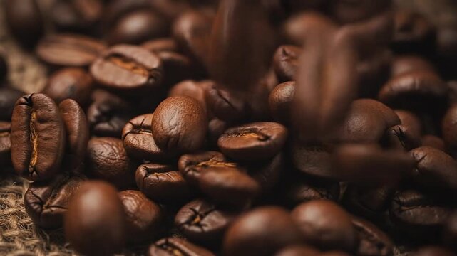 Close up of roasted coffee beans on burlap sack with rich brown tones and natural texture