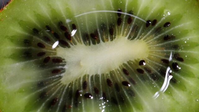 Sliced kiwi interior background with slow glossy arc circling a seeded green fruit ring