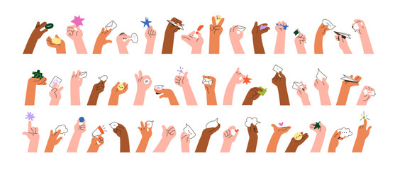 Hands holding heart, speech bubble, star, emoji, message. Giving feedback, sharing opinion, emotion. Communication arm gestures, signs. Flat vector illustrations set isolated on white background
