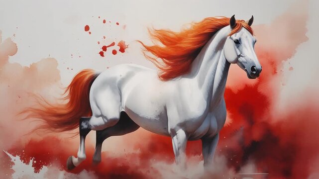 Majestic white horse with flowing red mane running energetically through vibrant red splash background