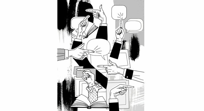Abstract Hands Pointing with Speech Bubbles and Books