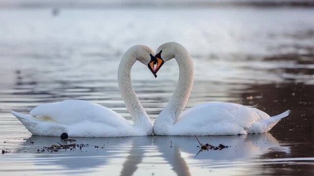 Two elegant white swans forming a heart shape with their necks on a calm lake in soft natural light
