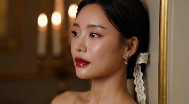 Elegant woman with red lipstick and updo hair poses beside candlelight in a beige room, captured in a portrait from a right‑side view