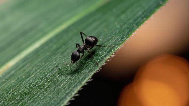 Close up of black ant on green leaf with water droplet nature macro photography background