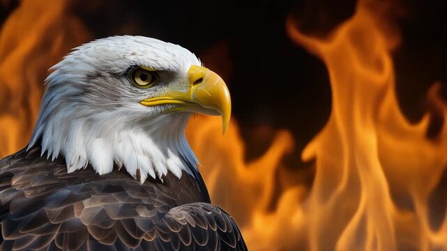 Close up of majestic bald eagle with intense gaze and fiery background representing strength and power