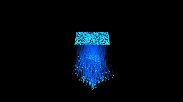 Holographic QR code projection above digital device in dark futuristic technology concept with glowing blue light particles