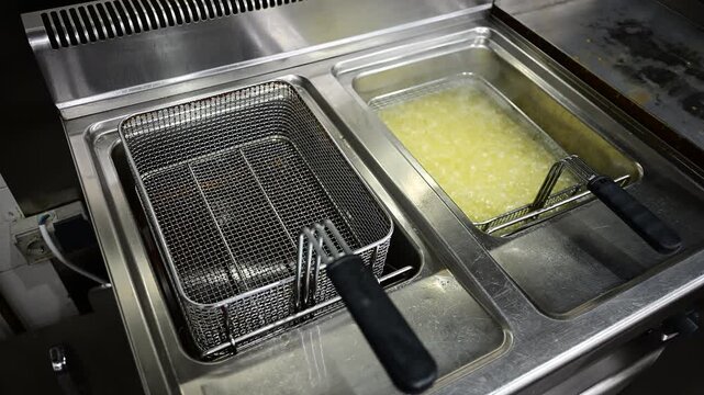 Deep frying french fries in a professional kitchen