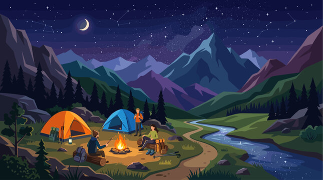 A cozy campsite with tents and a campfire under a starry night sky with constellations and a crescent moon, surrounded by majestic mountains and a flowing river.