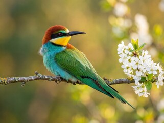 Fototapeta premium Vibrant Bee-eater on Branch: A kaleidoscope of colors comes to life as a European bee-eater perches gracefully on a branch, its striking plumage a testament to the beauty of nature. The vibrant bird.