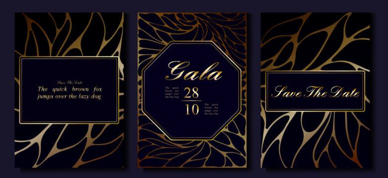 Elegant gala invitations set with abstract gold pattern, decorative frame on purple background. Vector realistic illustration of VIP card with shiny lines, premium border design for celebration