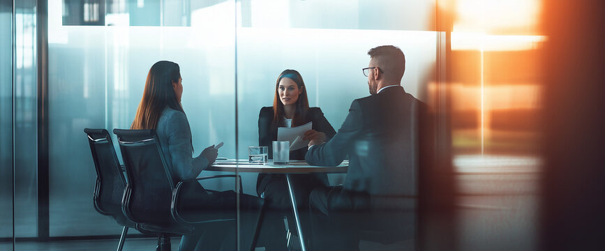 Smiling gesturing female corporate boss manager holding tablet, presents project to collaborative colleagues or client. Business mature CEO businesswoman leader leads diverse team meeting in office.