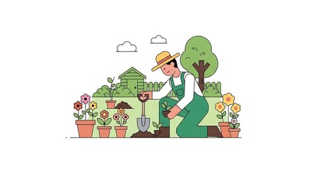 Fototapeta premium Woman gardening in green outdoor setting.