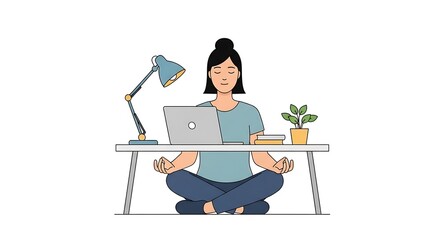 Fototapeta premium Woman meditating with laptop on desk.