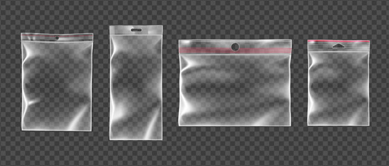 Plakat Realistic set of plastic zip bags isolated on transparent background. Vector illustration of empty vinyl ziplock packages, resealable cellophane polybag for food products, blank waterproof envelope