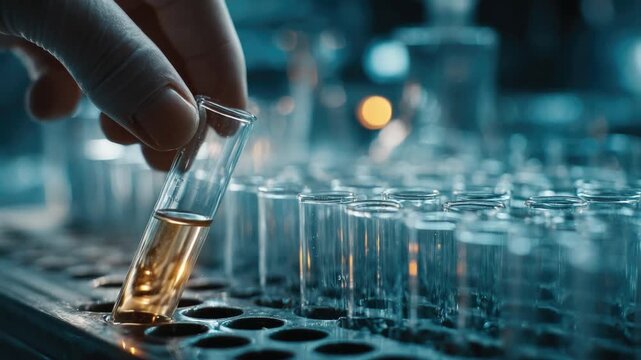 Precision in Science: A gloved hand delicately holds a test tube filled with a golden liquid amidst a row of identical tubes, the image evokes scientific precision and investigation.