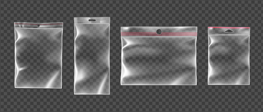Realistic set of plastic zip bags isolated on transparent background. Vector illustration of empty vinyl ziplock packages, resealable cellophane polybag for food products, blank waterproof envelope