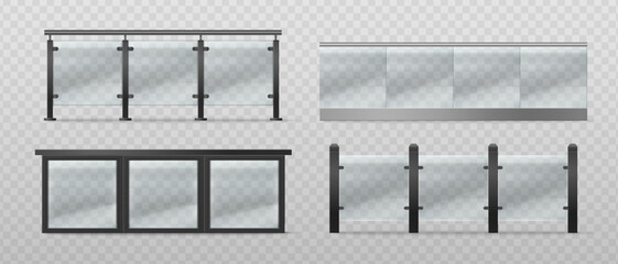 Naklejka premium Modern glass balcony railing with black and silver metal frame and transparent panels, realistic 3D vector illustrations isolated on background. Balustrade for terrace, office building or pool barrier
