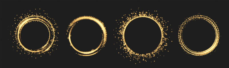 Set of golden ring frames with bokeh light effects isolated on black background. Vector realistic illustration of sparkling yellow particles glowing on dark, magic shimmering dust circle, halo ring © klyaksun