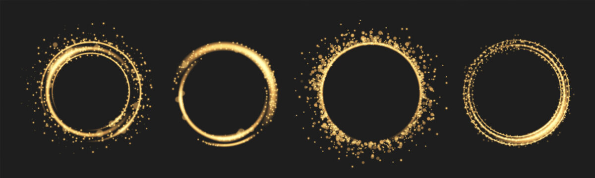 Set of golden ring frames with bokeh light effects isolated on black background. Vector realistic illustration of sparkling yellow particles glowing on dark, magic shimmering dust circle, halo ring