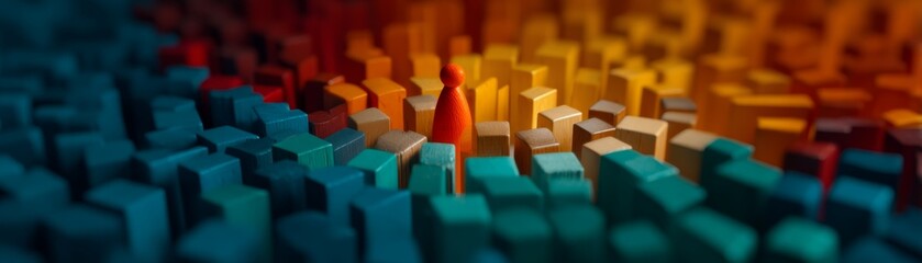 Obraz premium Wealth and Poverty Mindset. Balance in Chaos and Order: Financial Mindset Symbolized by Colorful Wooden Figurine in Cinematic Ad