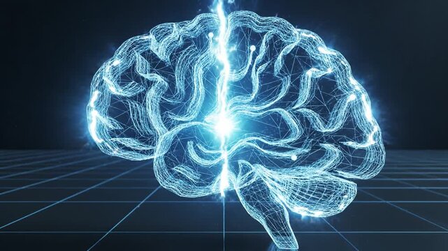 Digital brain artificial intelligence neural network technology innovation science glowing blue futuristic data grid virtual intelligence abstract cyber connection concept geometric shape polygon