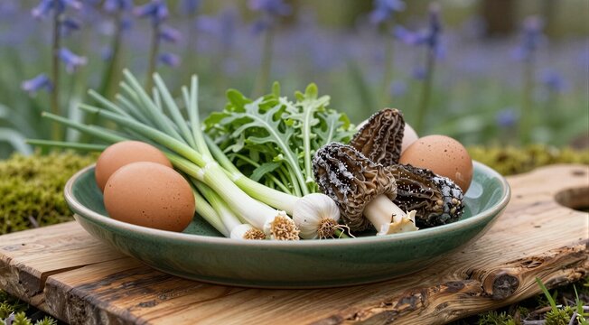 Plate of eggs spring onions and morel mushrooms on wood