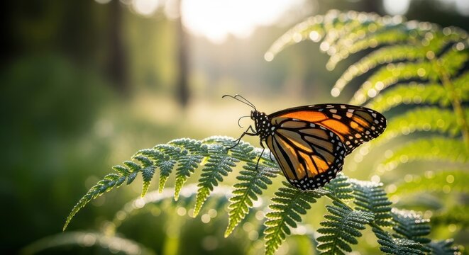 A monarch butterfly, a symbol of transformation and beauty, rests on a fern frond, its vibrant orange wings contrasting with the soft green of the plant.